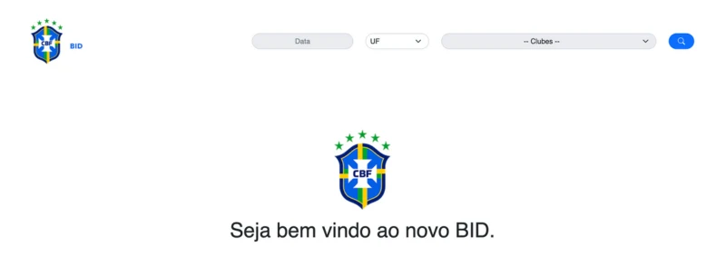 Tela inicial do sistema BID da CBF, com os campos de busca por data, UF e clube